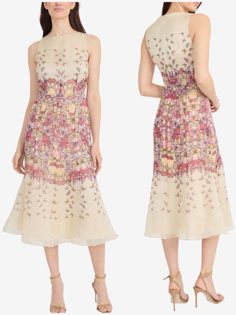 Maggy London Women's Anastasia Illusion Boat Neck Butterfly Print Organza Dress